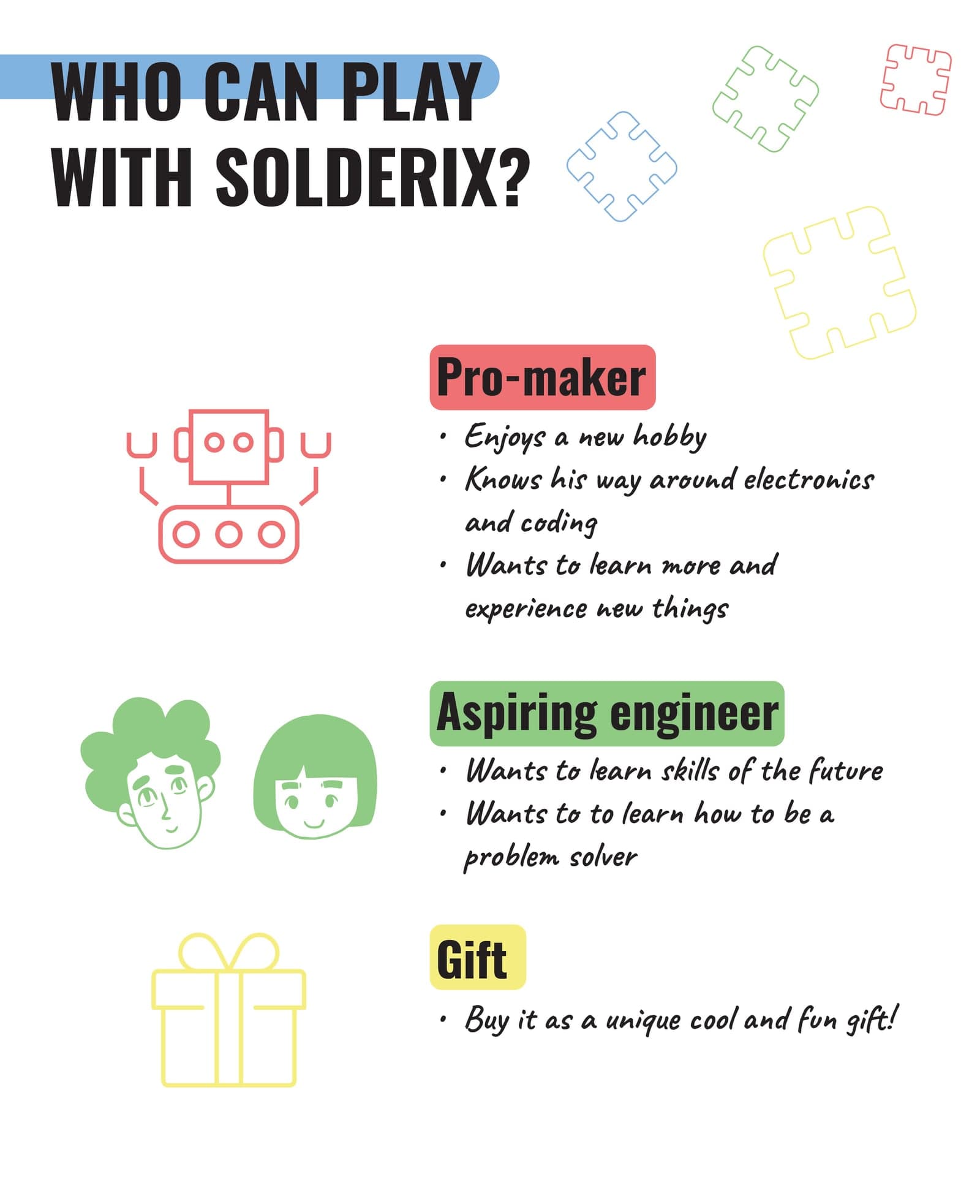 Who can play with Solderix: pro-makers, aspiring engineers, and gift-givers